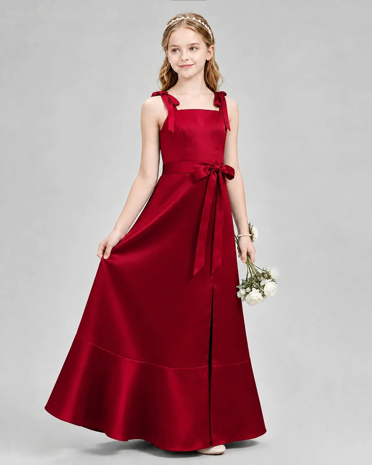 Burgundy Satin A-Line Junior Bridesmaid Dresses Side View