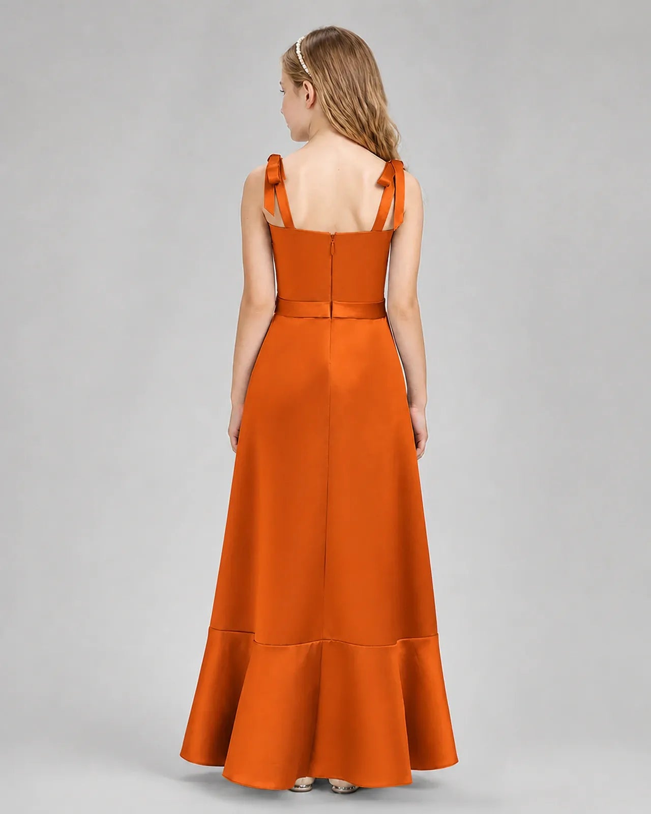 Burnt Orange Satin A-Line Junior Bridesmaid Dresses Back View