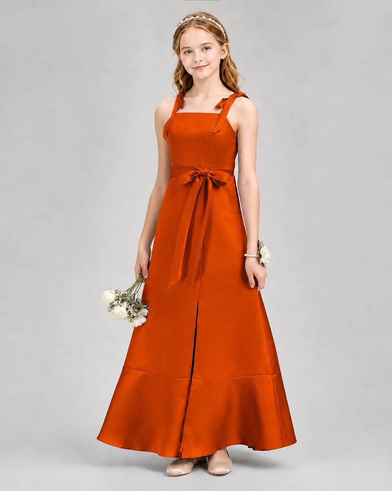 Burnt Orange Satin Square Neckline Junior Bridesmaid Dresses Front View