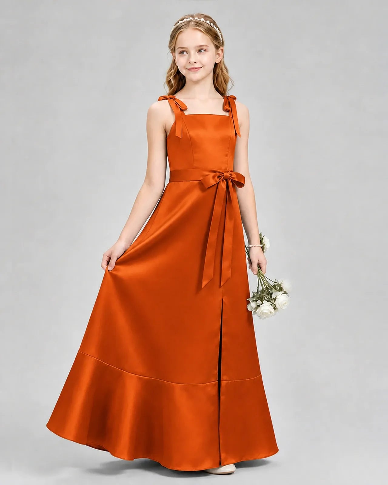 Burnt Orange Satin A-Line Junior Bridesmaid Dresses Side View