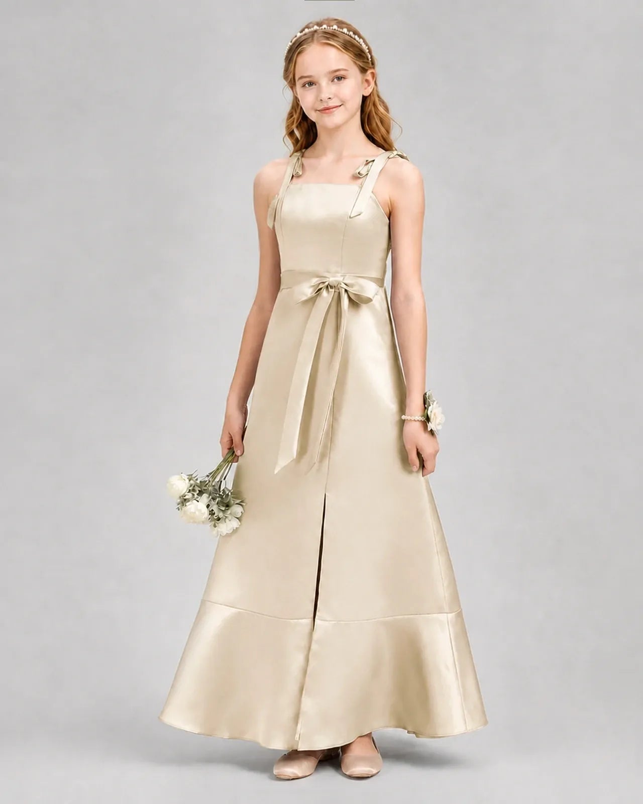 Champagne satin square neckline junior bridesmaid dress Front View