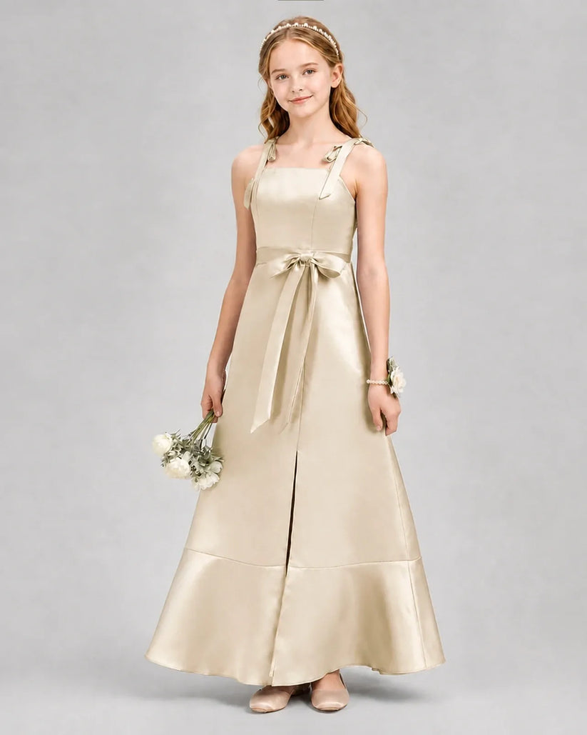 Champagne satin square neckline junior bridesmaid dress Front View