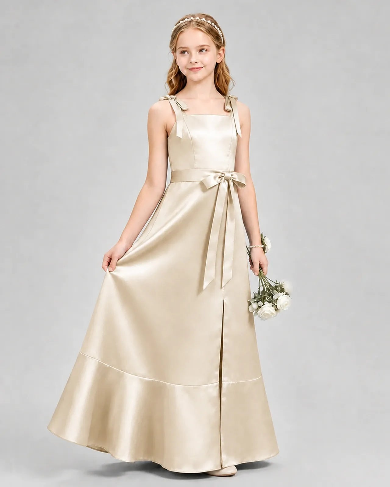 Champagne Satin A-Line Junior Bridesmaid Dresses Side View