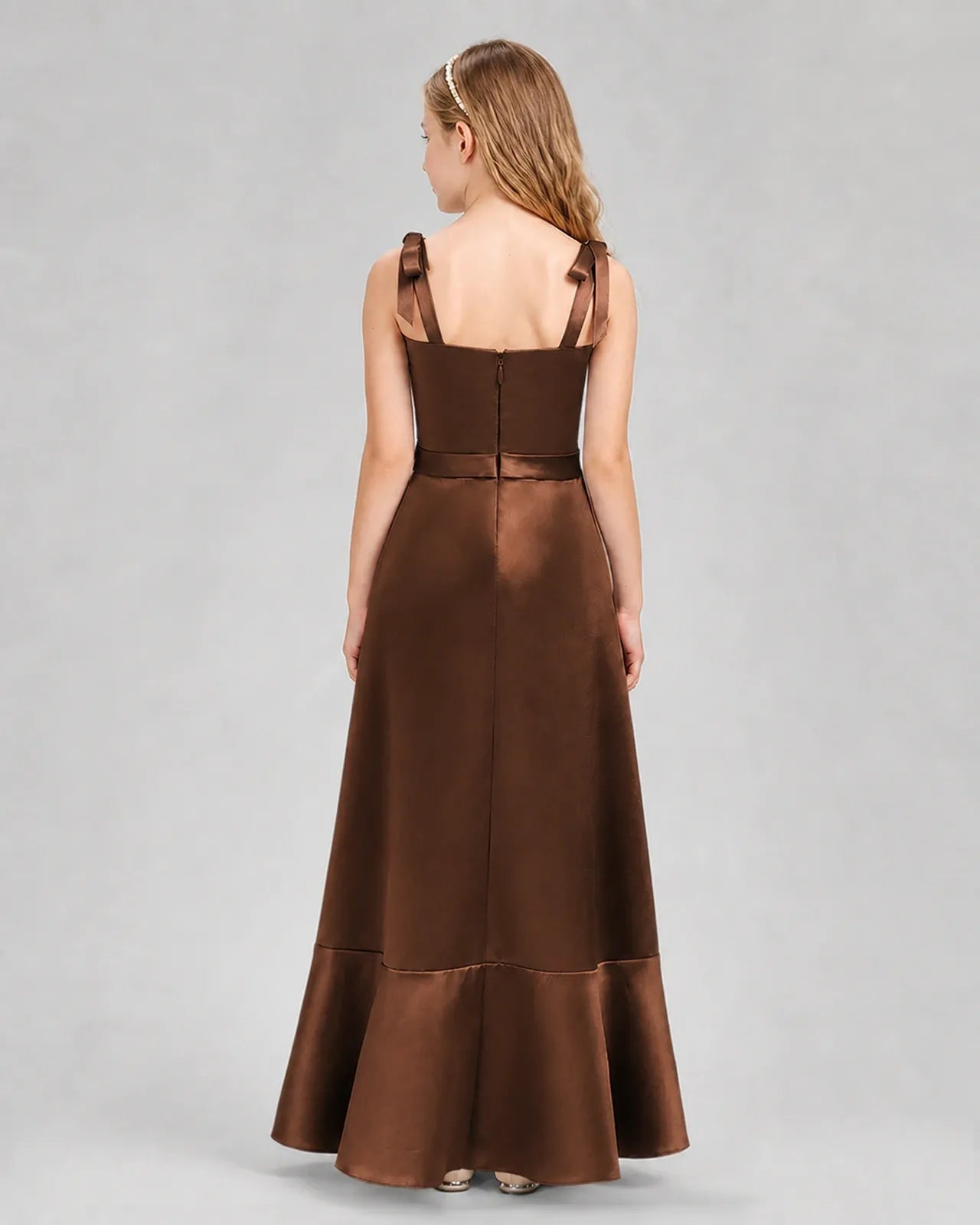 Chocolate Satin A-Line Junior Bridesmaid Dresses Back View