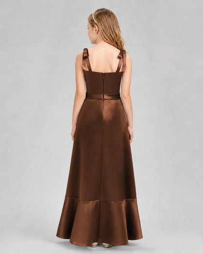 Chocolate Satin A-Line Junior Bridesmaid Dresses Back View