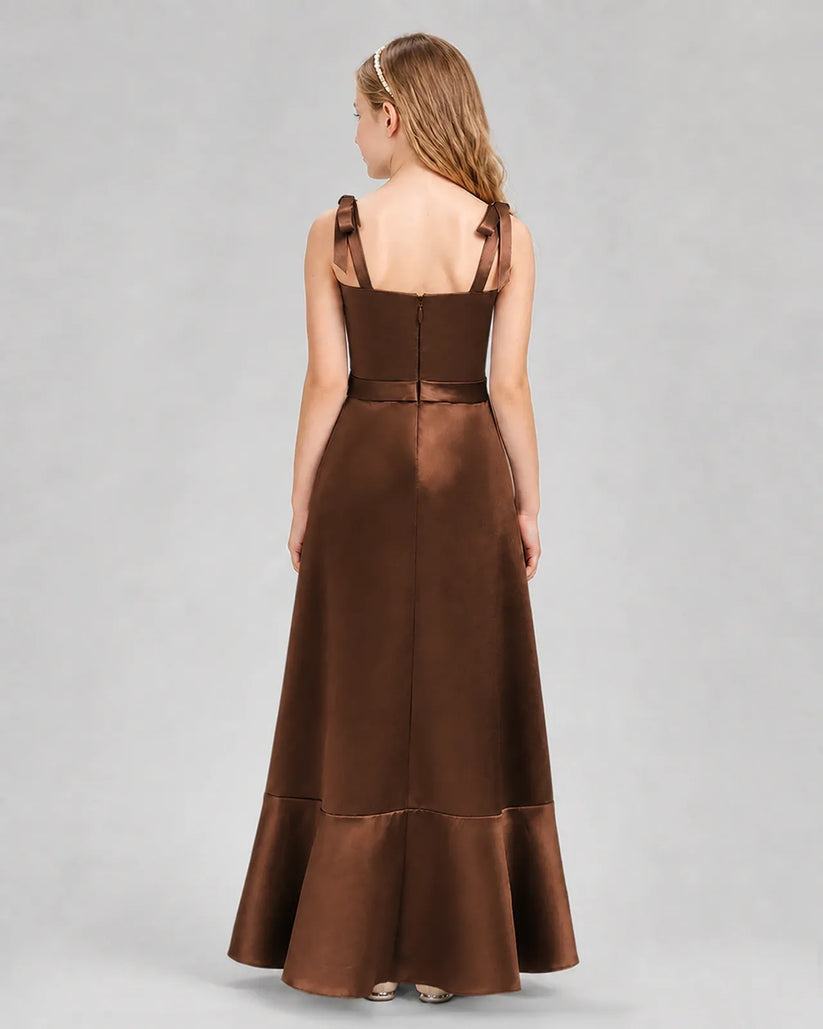 Chocolate Satin A-Line Junior Bridesmaid Dresses Back View