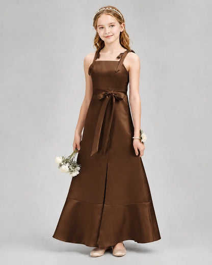 Chocolate Satin Square Neck A-Line Junior Bridesmaid Dresses Front View