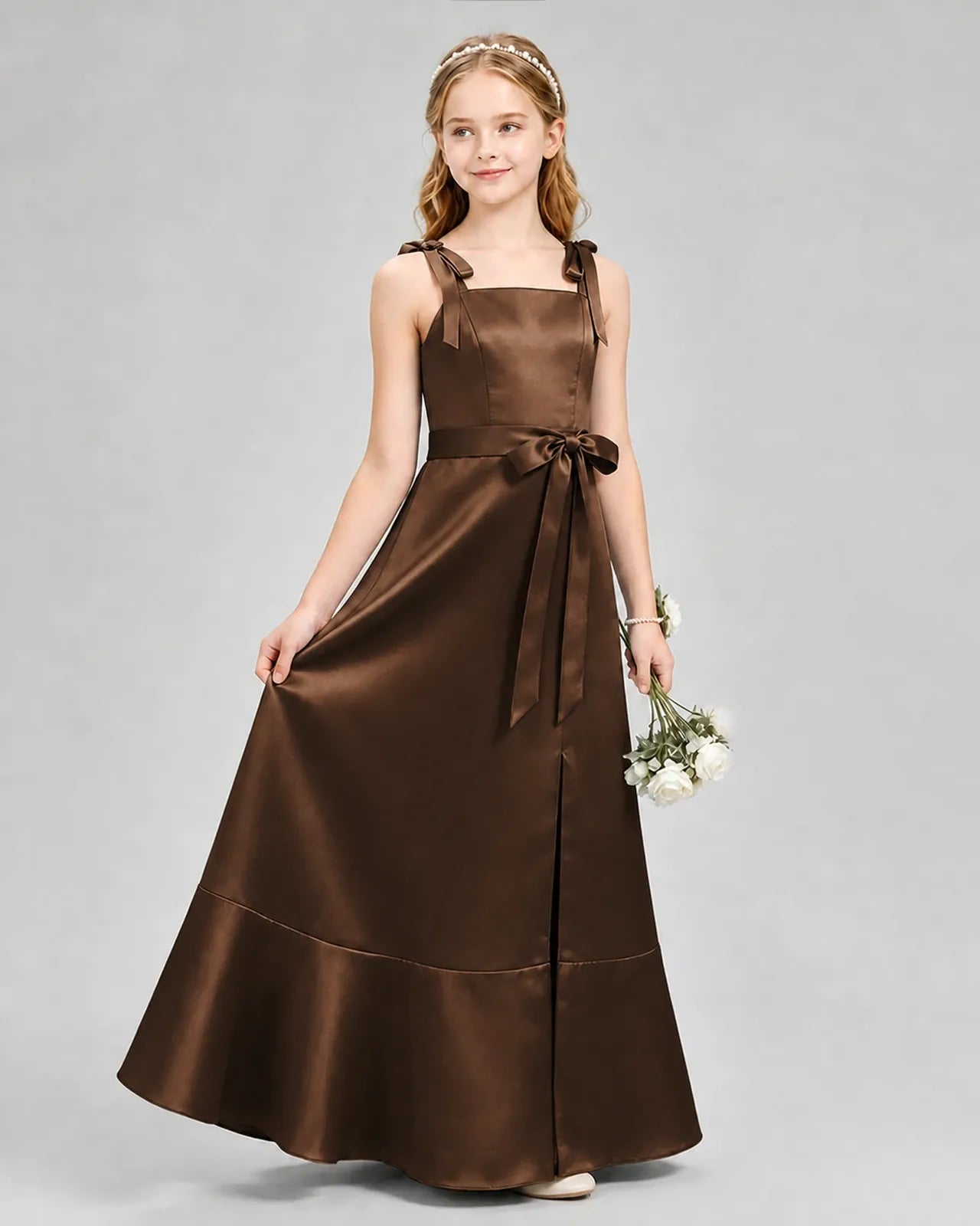 Chocolate Satin A-Line Junior Bridesmaid Dresses Side View