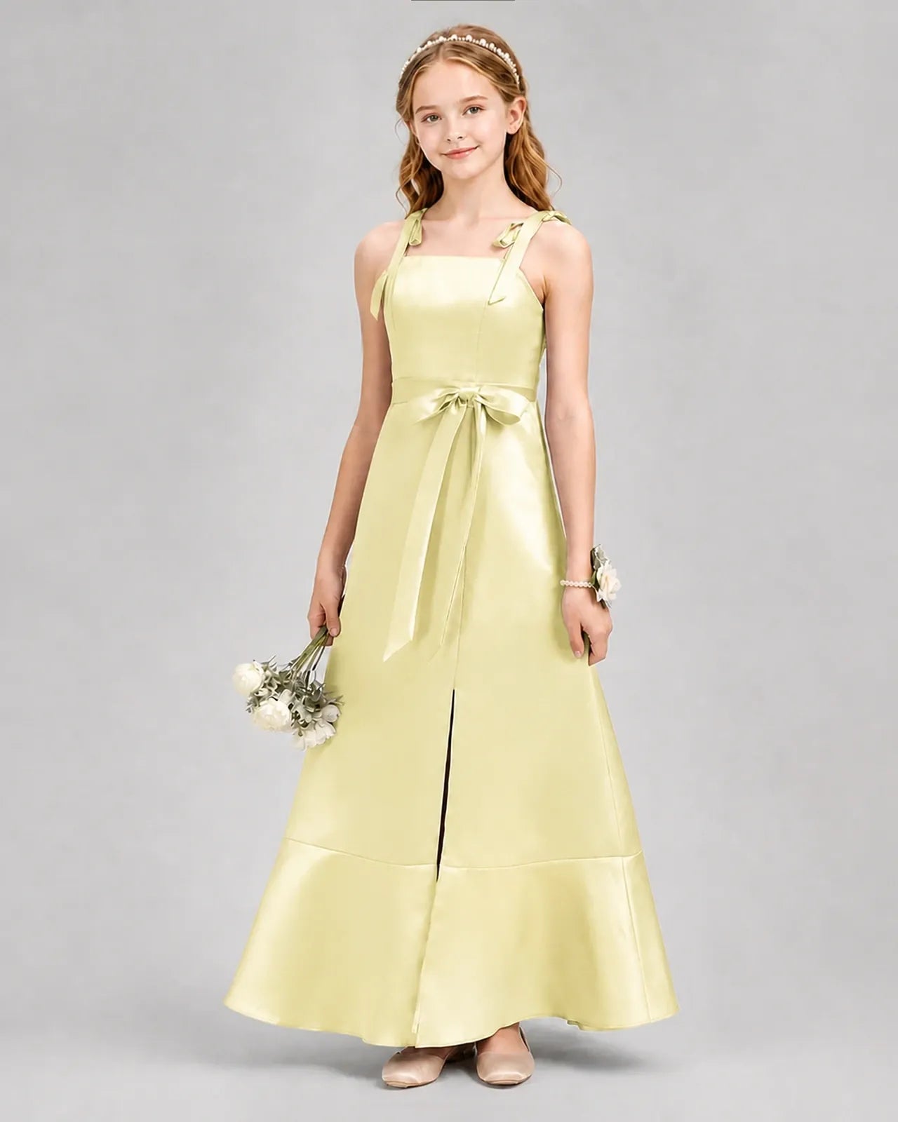 Daffodil Satin A-Line Junior Bridesmaid Dresses Front View