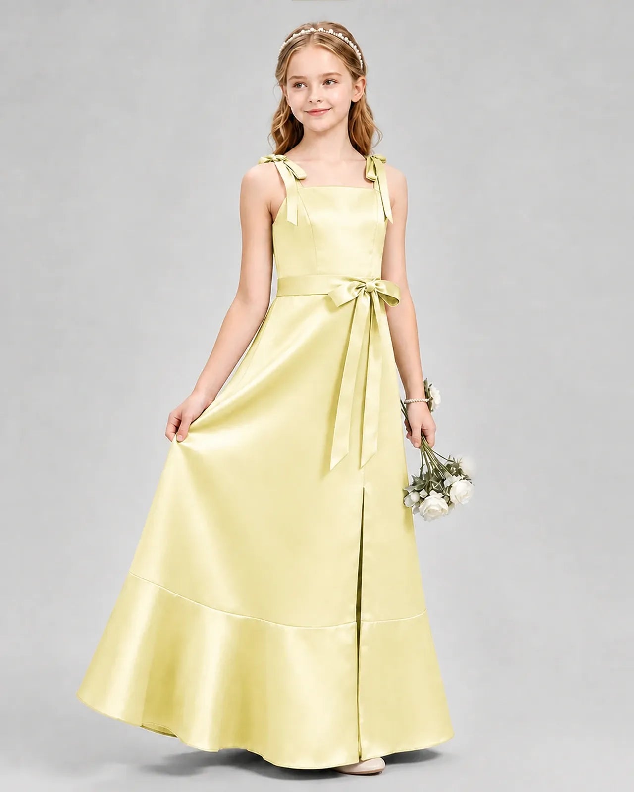 Daffodil Satin A-Line Junior Bridesmaid Dresses Side View