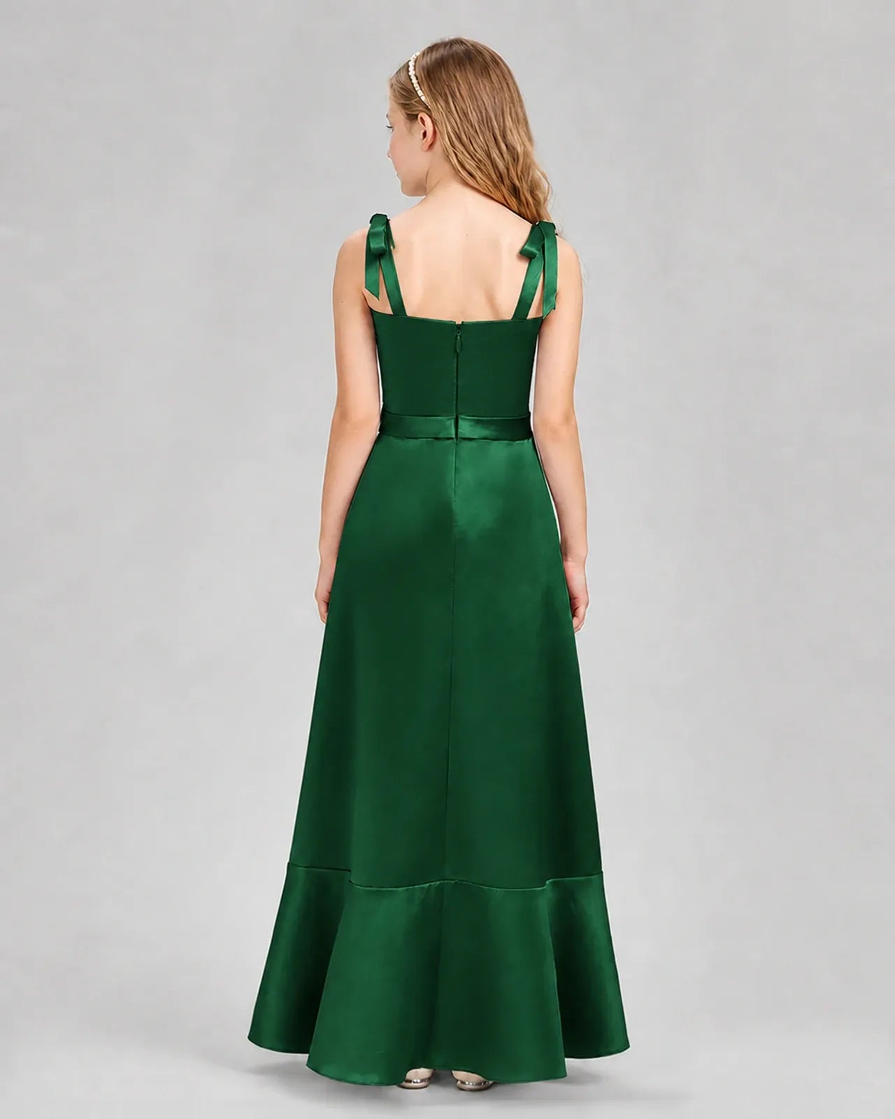 Dark Green Satin Bow Strap A-Line Junior Bridesmaid Dresses Back View