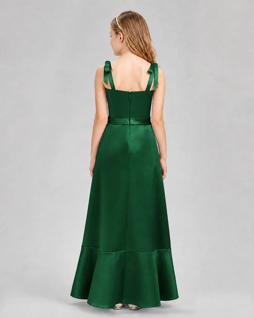 Dark Green Satin Bow Strap A-Line Junior Bridesmaid Dresses Back View