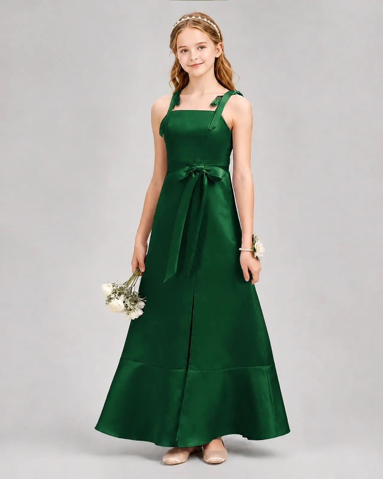 Dark Green Satin A-line Junior Bridesmaid Dresses Front View