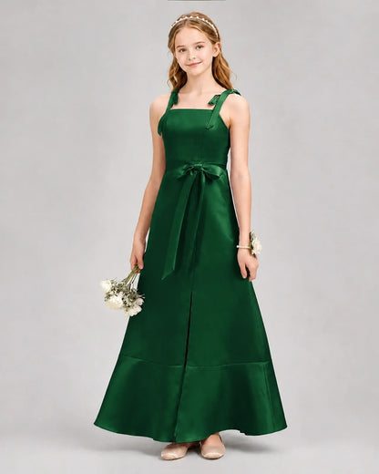 Dark Green Satin A-line Junior Bridesmaid Dresses Front View