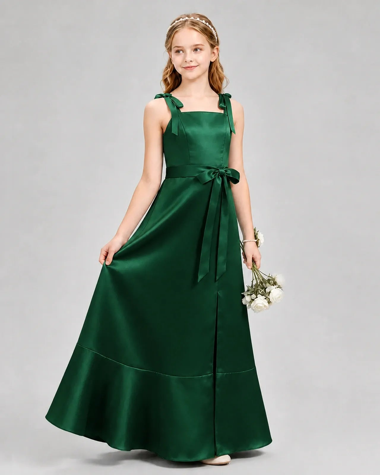 Dark Green Satin A-Line Junior Bridesmaid Dresses Side View