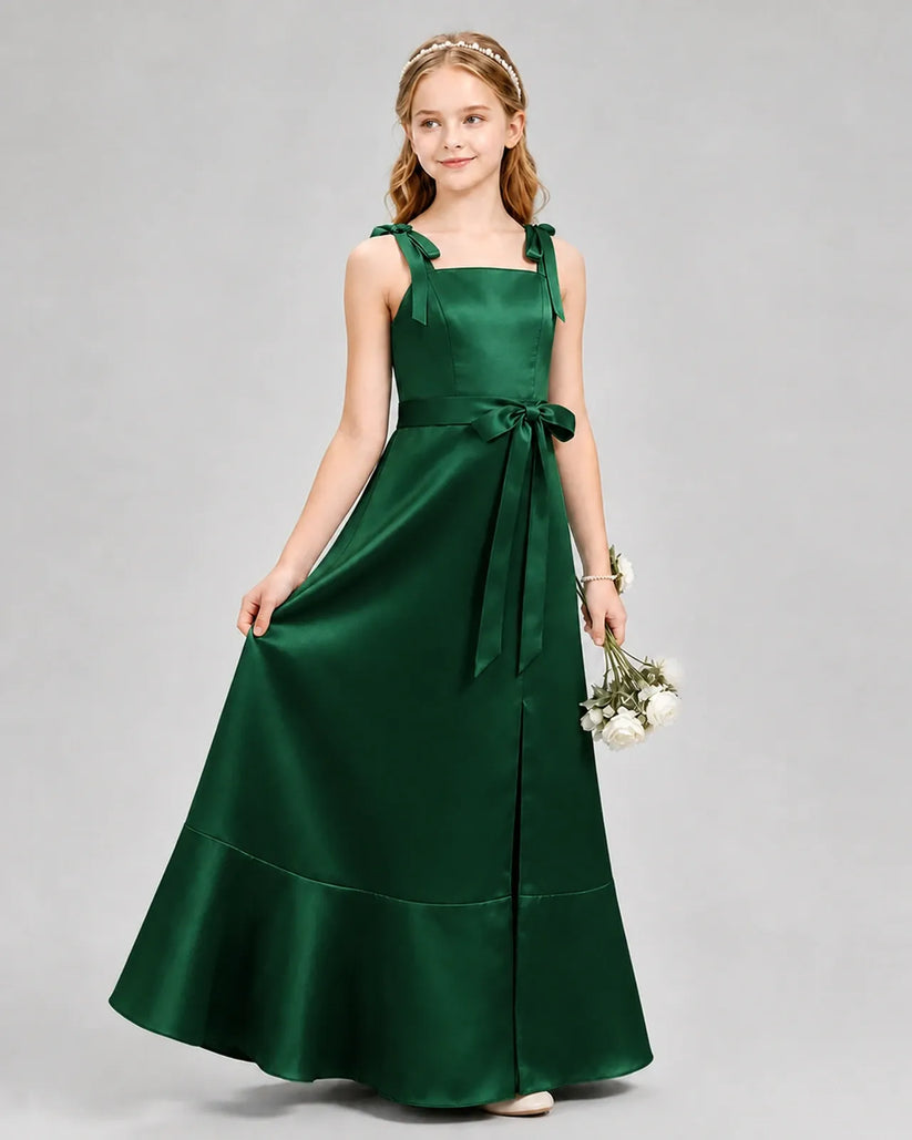Dark Green Satin A-Line Junior Bridesmaid Dresses Side View