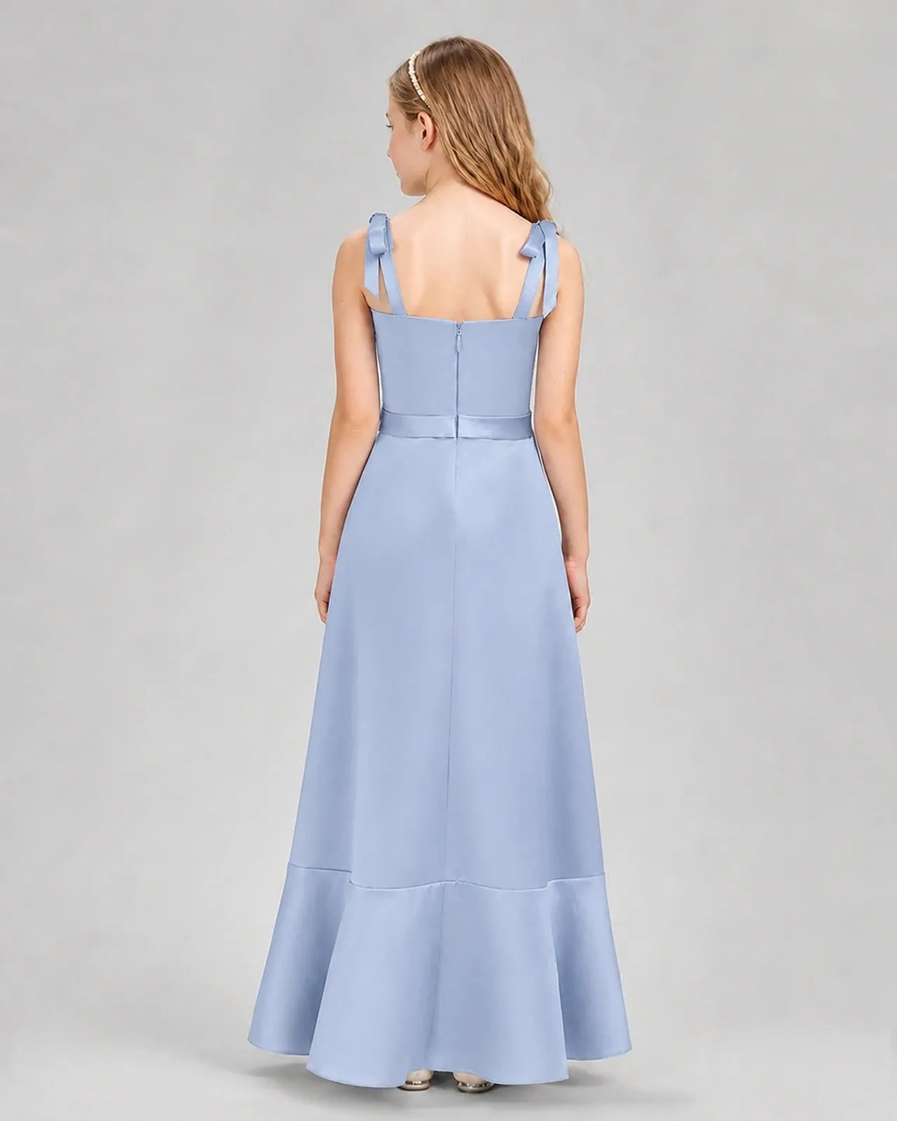 Dusty Blue Satin A-Line Junior Bridesmaid Dresses Back View