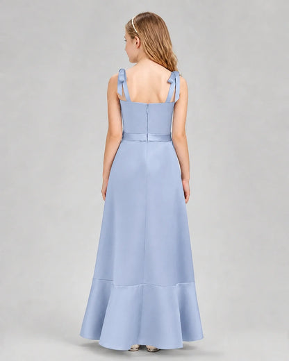 Dusty Blue Satin A-Line Junior Bridesmaid Dresses Back View