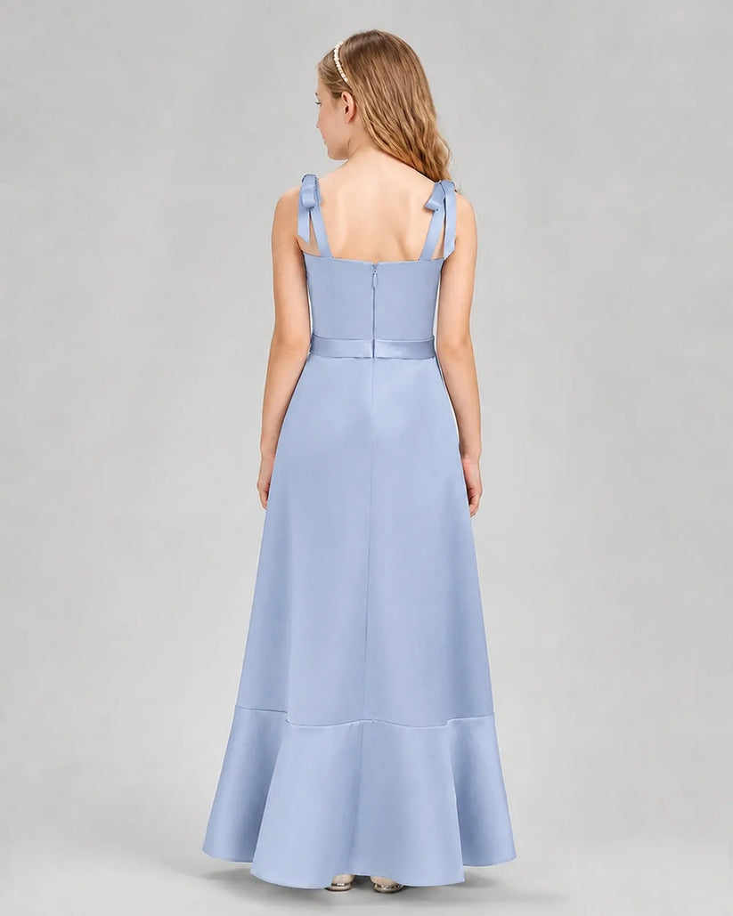 Dusty Blue Satin A-Line Junior Bridesmaid Dresses Back View