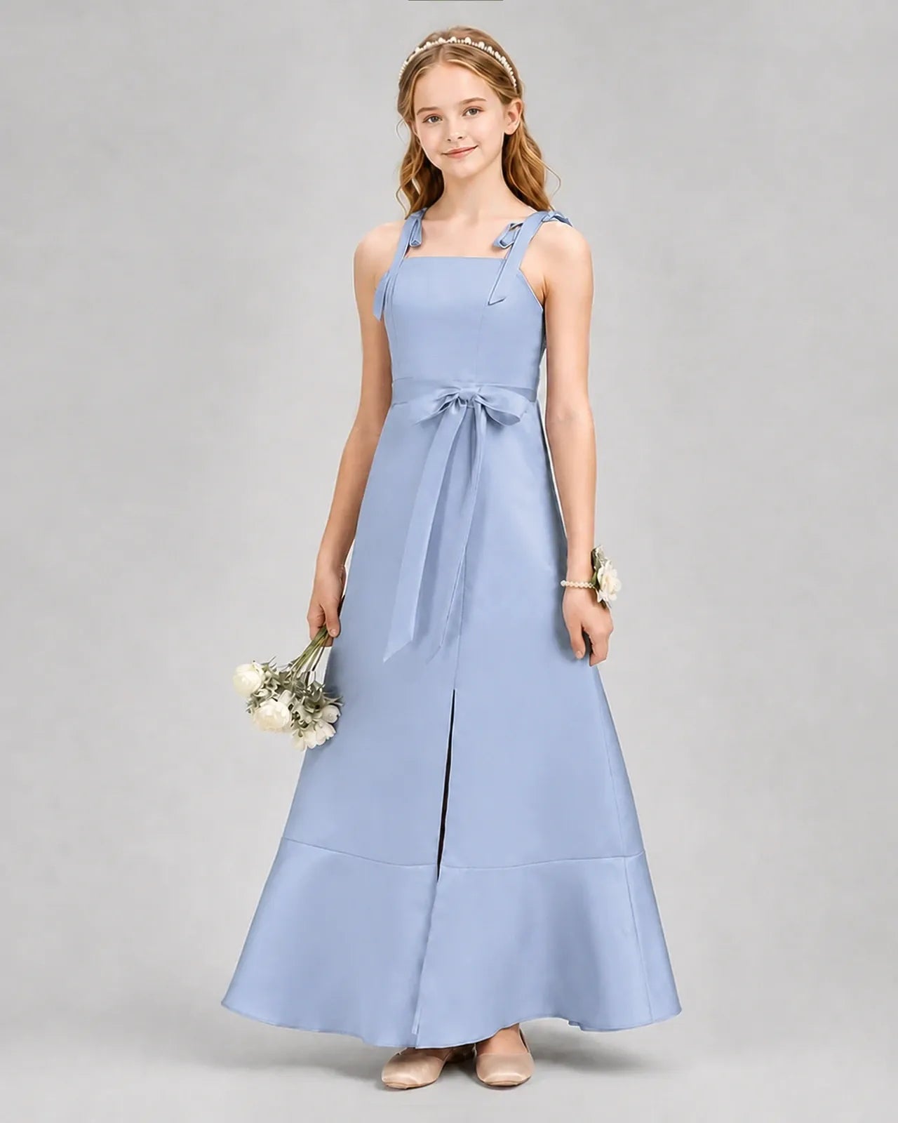 Dusty blue satin A-line junior bridesmaid dress Front View