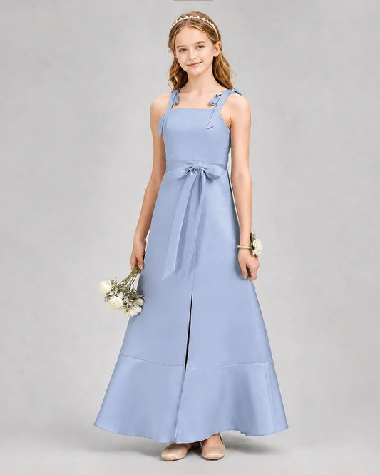 Dusty blue satin A-line junior bridesmaid dress Front View