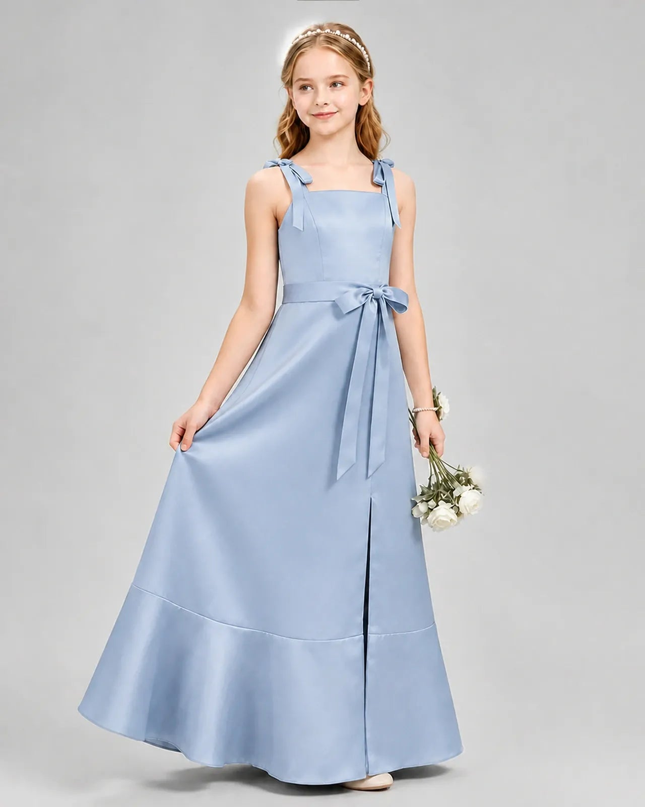 Dusty Blue Satin Bow Strap Junior Bridesmaid Dresses Side View