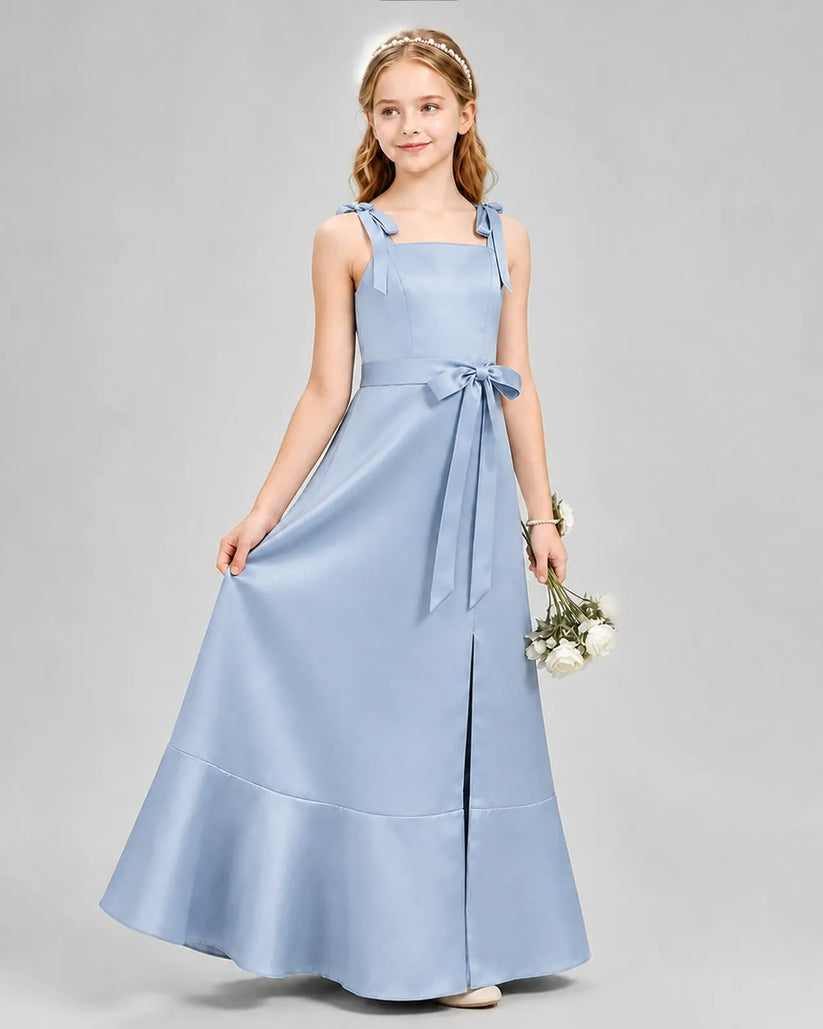 Dusty Blue Satin Bow Strap Junior Bridesmaid Dresses Side View