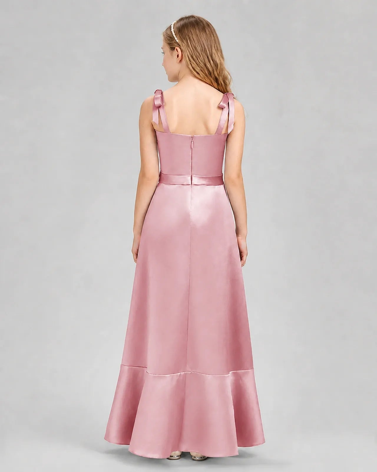Dusty Rose Satin Tie Strap Mermaid Junior Bridesmaid Dresses Back View