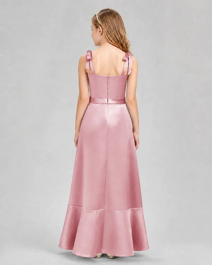 Dusty Rose Satin Tie Strap Mermaid Junior Bridesmaid Dresses Back View