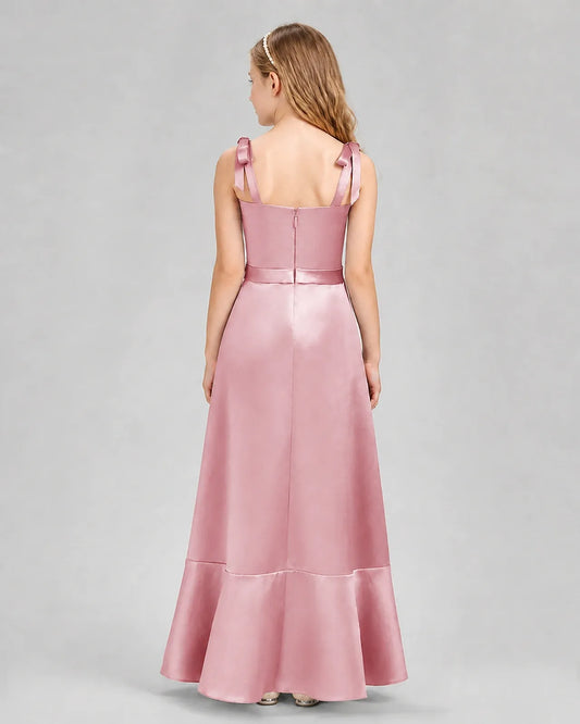 Dusty Rose Satin Tie Strap Mermaid Junior Bridesmaid Dresses Back View