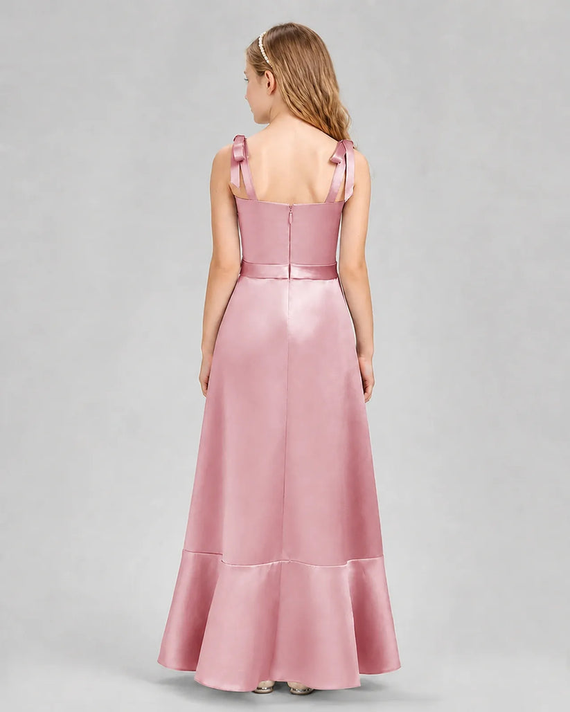 Dusty Rose Satin Tie Strap Mermaid Junior Bridesmaid Dresses Back View