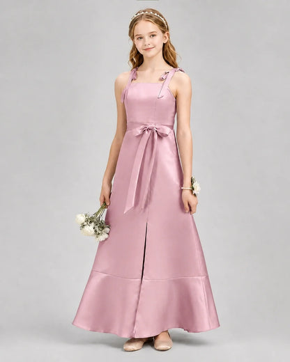 Dusty Rose Satin Bow Strap Junior Bridesmaid Dresses Front View