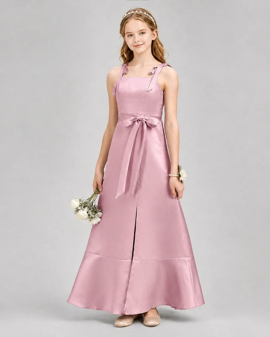 Dusty Rose Satin Bow Strap Junior Bridesmaid Dresses Front View