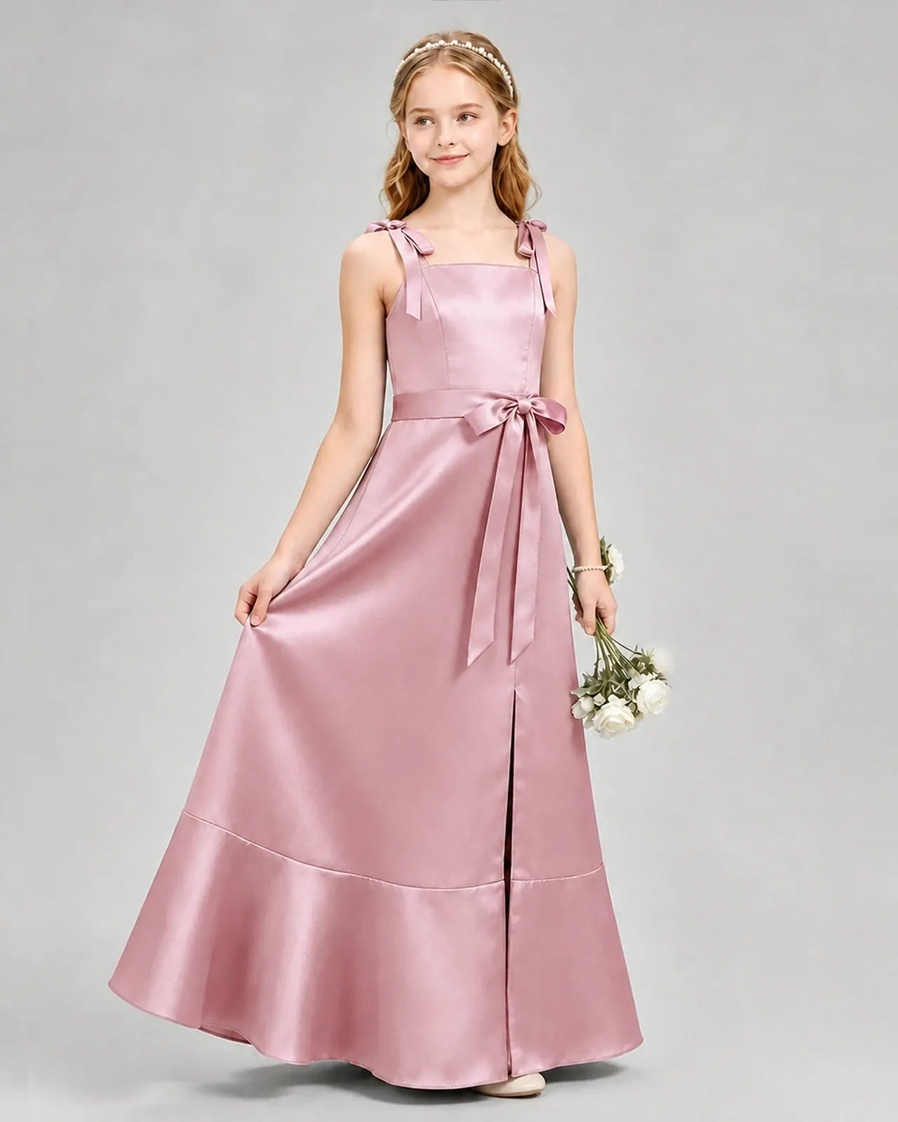 Dusty Rose Satin Square Neck A-Line Junior Bridesmaid Dresses Side View