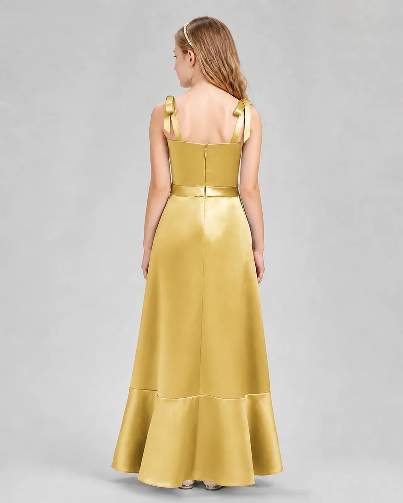 Gold Satin A-line Junior Bridesmaid Dresses Back View