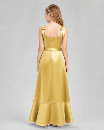 Gold Satin A-line Junior Bridesmaid Dresses Back View