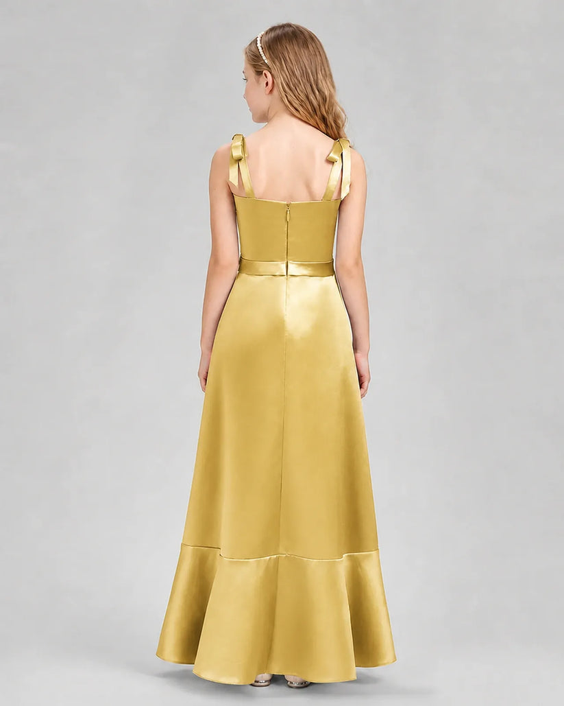 Gold Satin A-line Junior Bridesmaid Dresses Back View