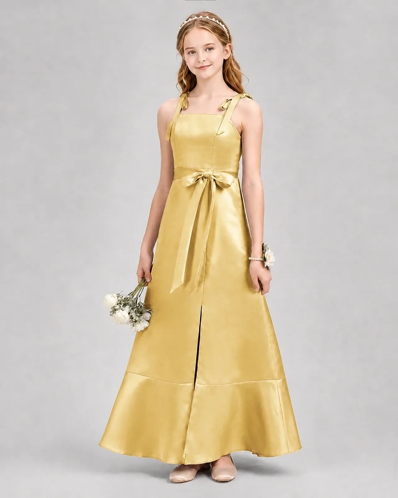 Gold Satin A-Line Junior Bridesmaid Dresses Front View