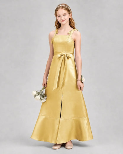 Gold Satin A-Line Junior Bridesmaid Dresses Front View