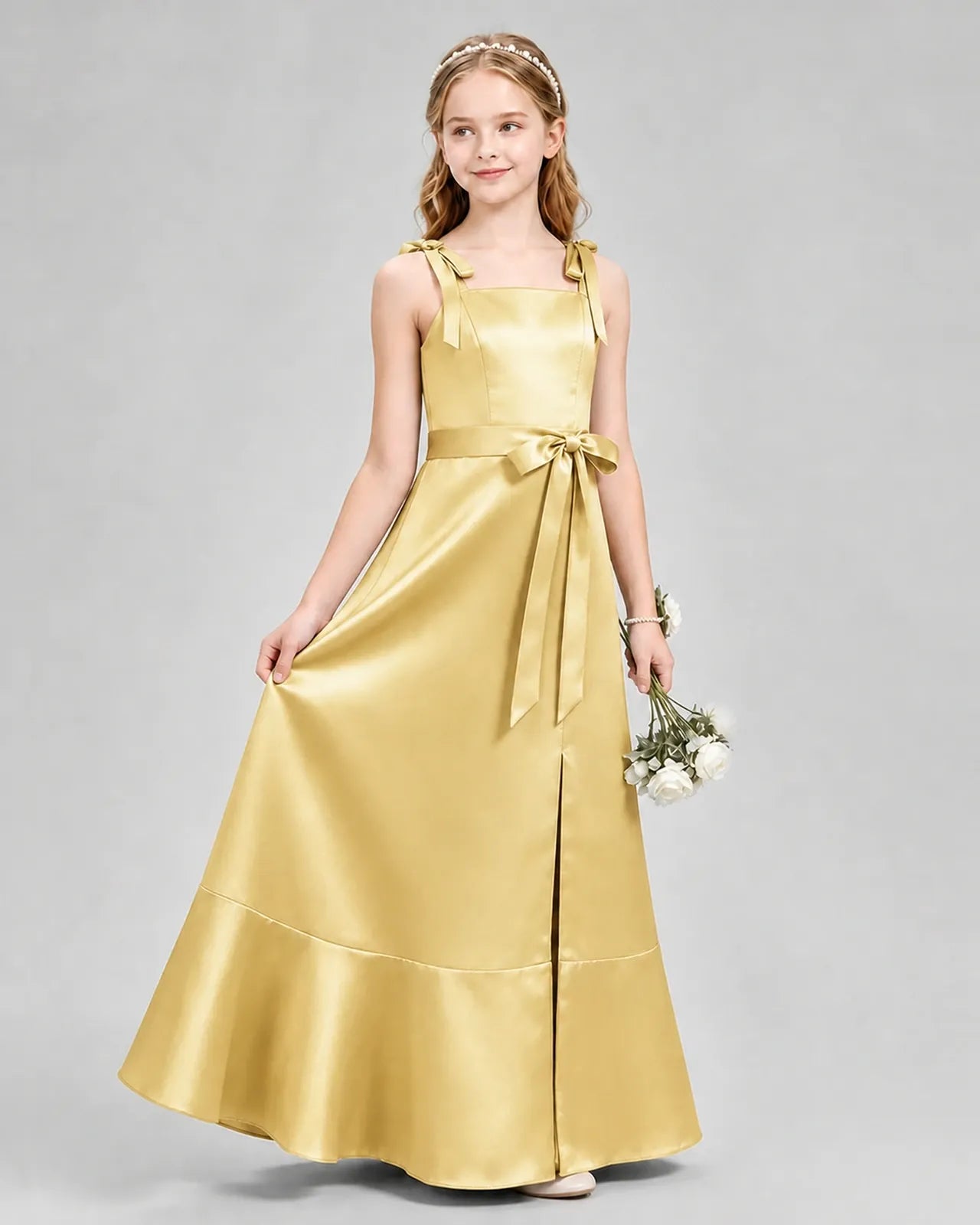 Gold Satin A-Line Junior Bridesmaid Dresses Side View