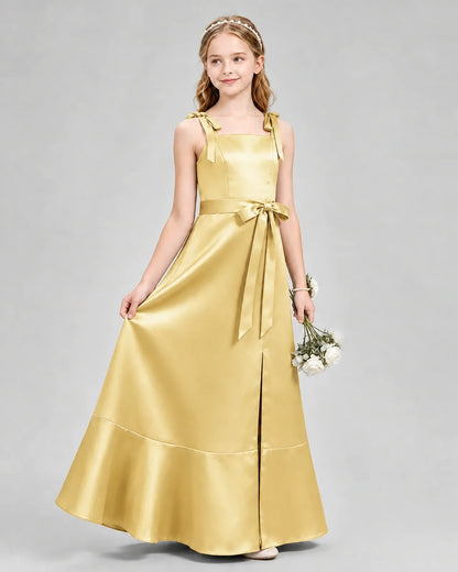 Gold Satin A-Line Junior Bridesmaid Dresses Side View