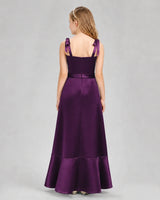 Grape Satin A-Line Junior Bridesmaid Dresses Back View