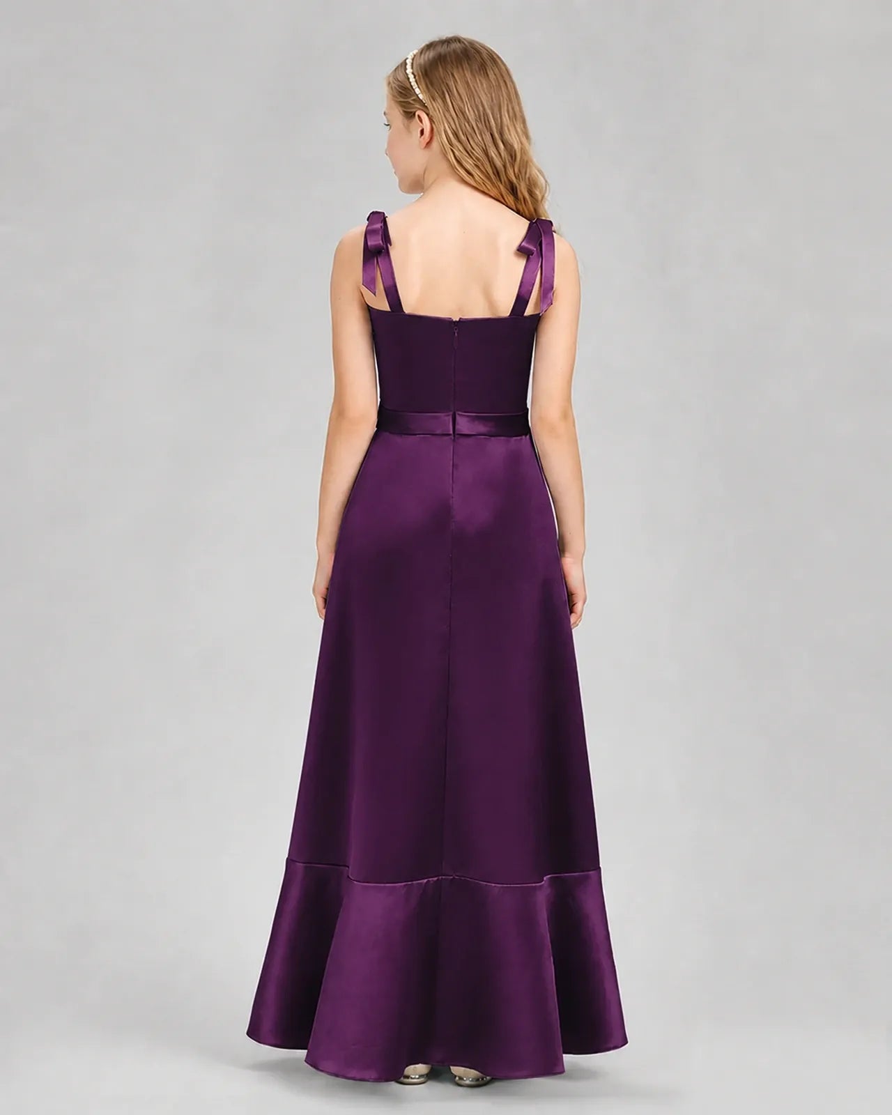 Grape Satin A-Line Junior Bridesmaid Dresses Back View