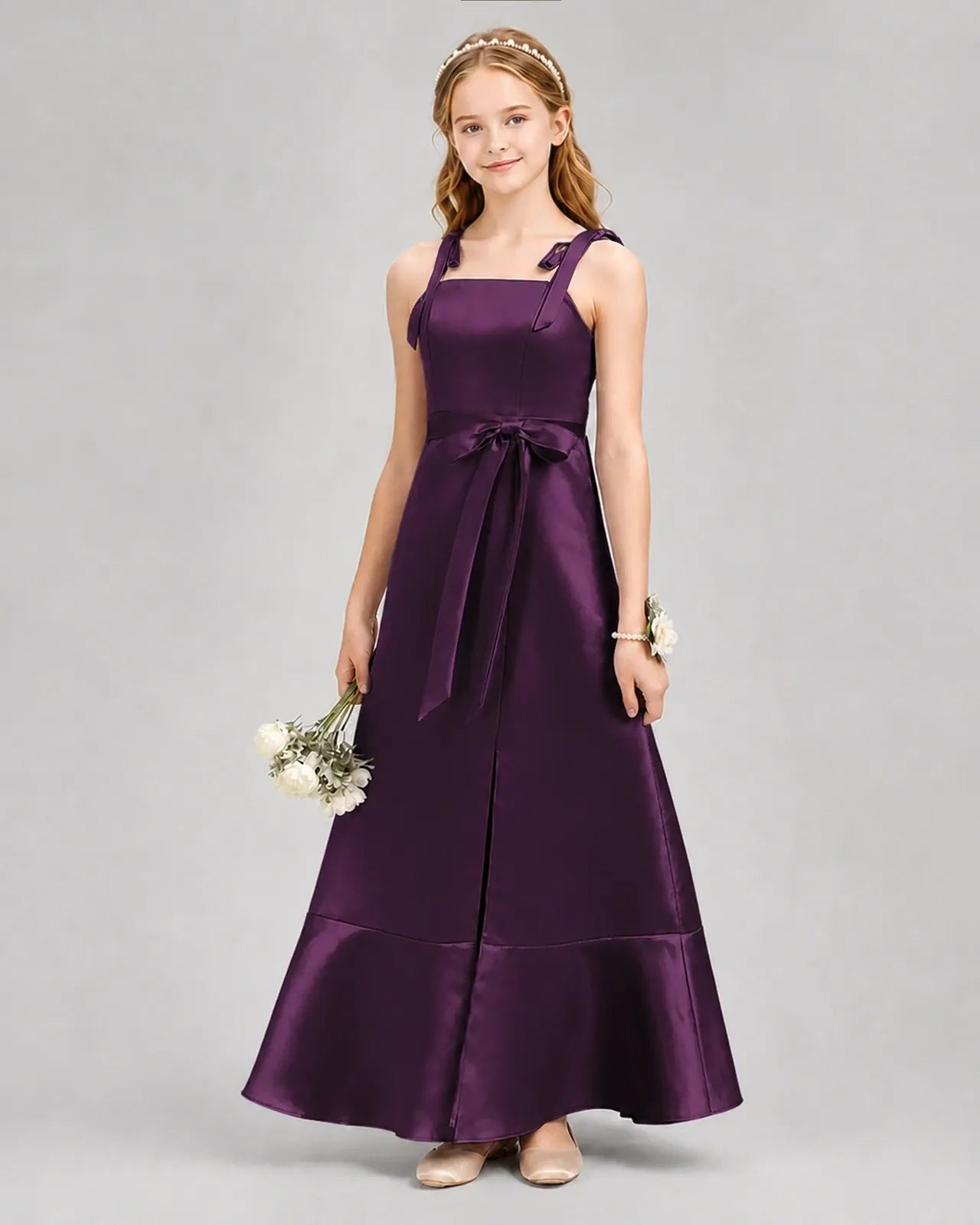 Grape Satin A-Line Junior Bridesmaid Dresses Front View