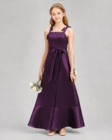 Grape Satin A-Line Junior Bridesmaid Dresses Front View