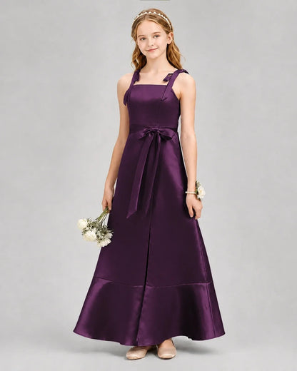 Grape Satin A-Line Junior Bridesmaid Dresses Front View
