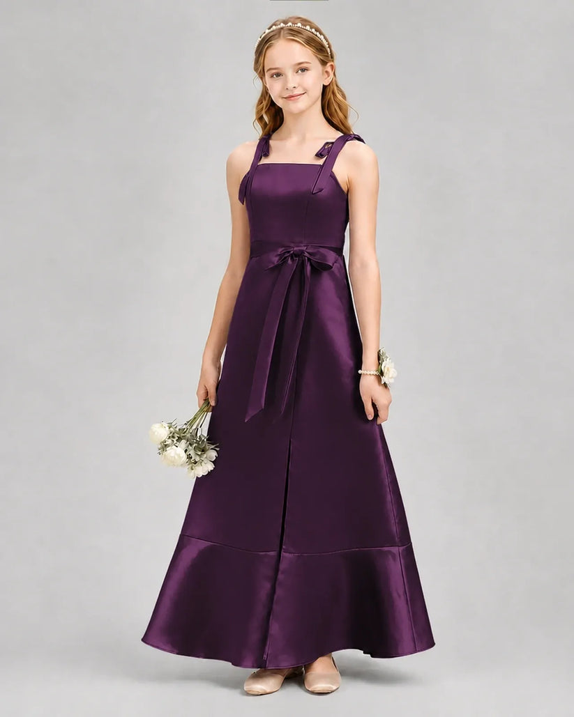Grape Satin A-Line Junior Bridesmaid Dresses Front View