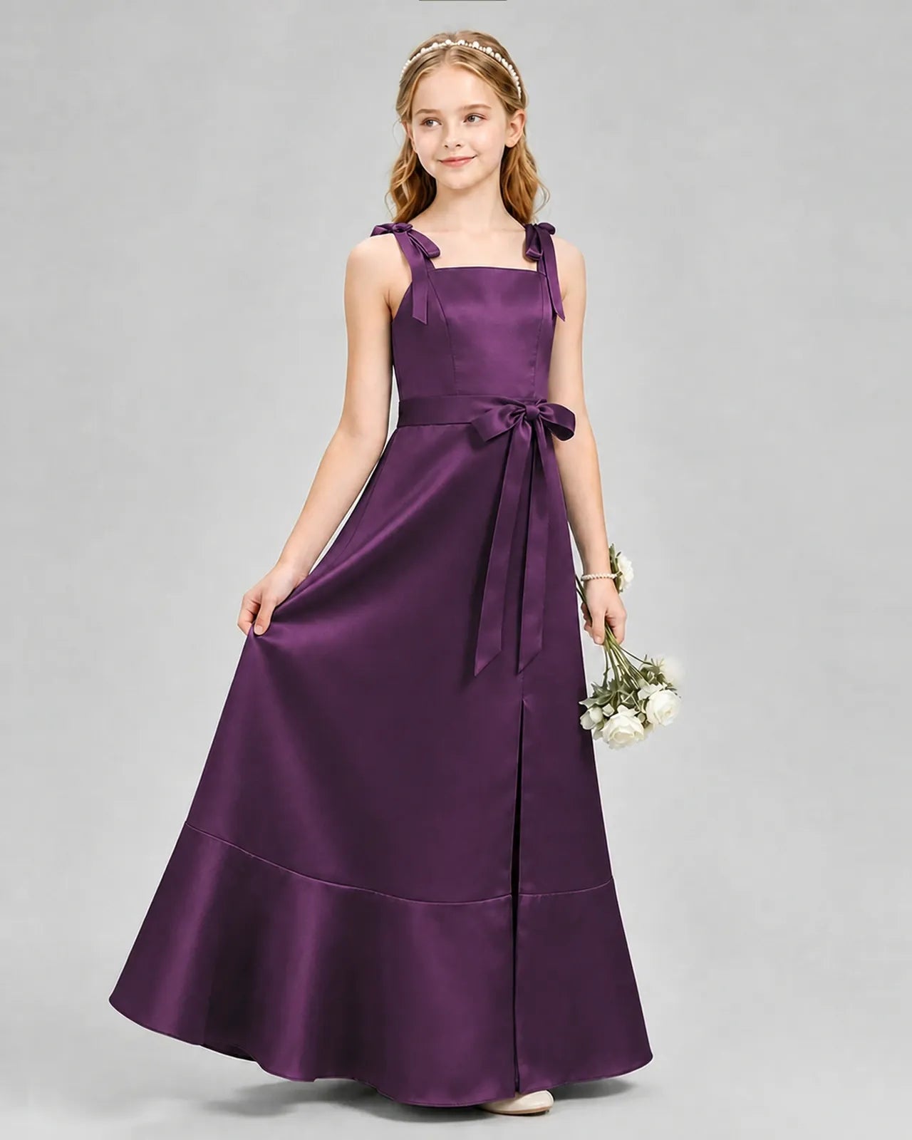 Grape Satin A-Line Junior Bridesmaid Dress Side View