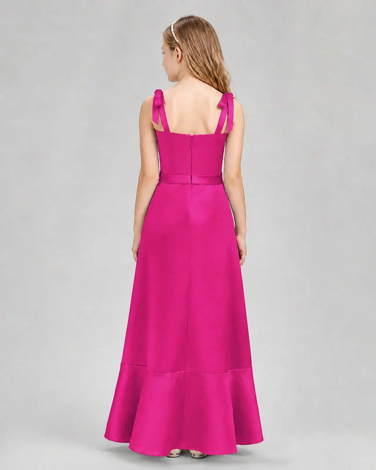 Hot Pink Satin Flared Junior Bridesmaid Dresses Back View