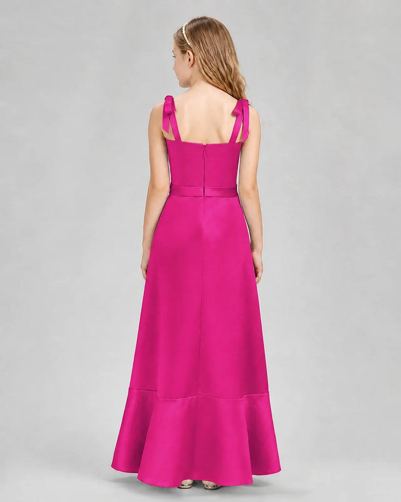 Hot Pink Satin Flared Junior Bridesmaid Dresses Back View